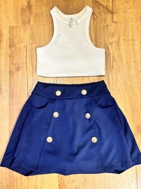 Navy Double-Breasted A-Line Mini Skirt